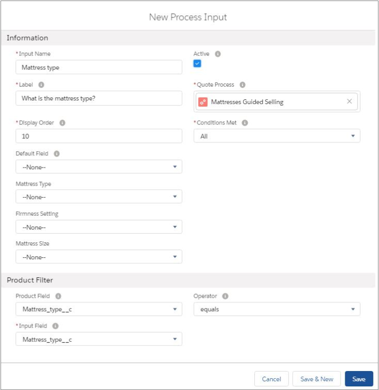 Salesfroce CPQ New Process Input Information and Product Filter Fieldset